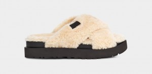 Chanclas Ugg Fuzz Sugar Cross Mujer Beige Negras | Argentina NLYKOVW-94