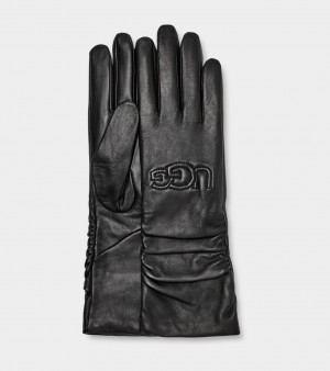 Guantes Ugg Leather Scrunched Logo Mujer Negras | Argentina JEUCKMR-07