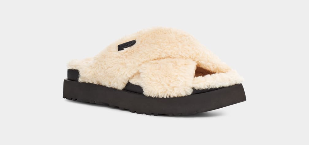 Chanclas Ugg Fuzz Sugar Cross Mujer Beige Negras | Argentina NLYKOVW-94