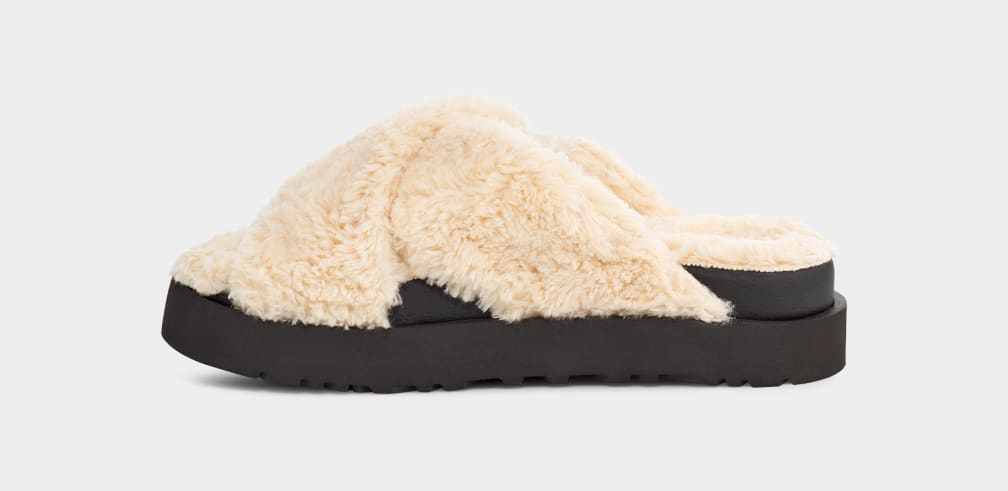 Chanclas Ugg Fuzz Sugar Cross Mujer Beige Negras | Argentina NLYKOVW-94