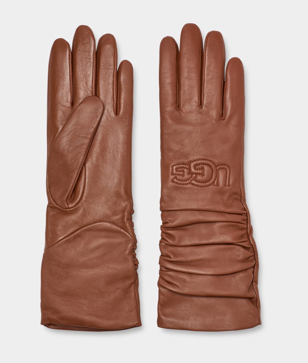 Guantes Ugg Leather Scrunched Logo Mujer Marrones | Argentina JPDTMXG-56