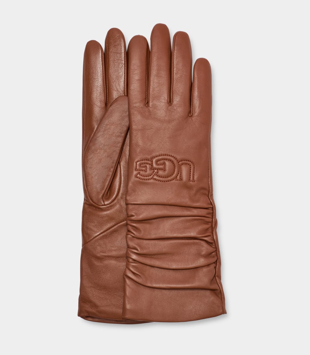 Guantes Ugg Leather Scrunched Logo Mujer Marrones | Argentina JPDTMXG-56